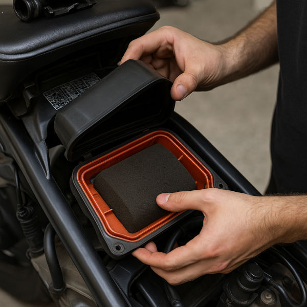 Revisión del filtro de aire de la moto situado debajo del asiento.